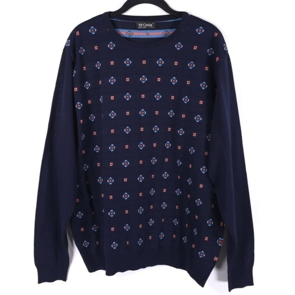 ST. CROIX Luxury ABSTRACT Crew Nk Jacq Knit Pullover Sweater Craftsmanship LARGE